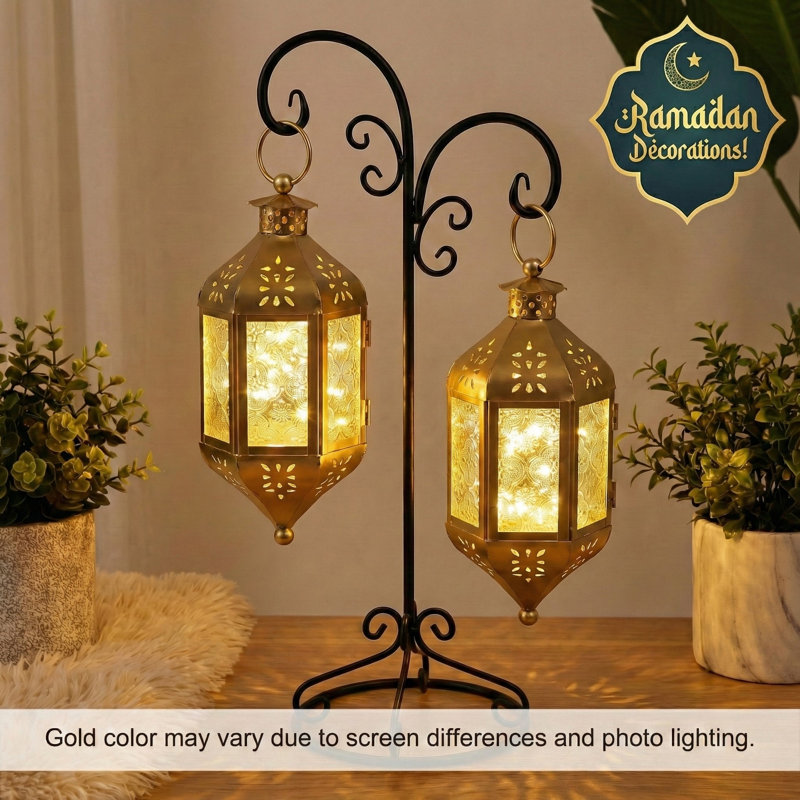 Hanging Moroccan Decorative Candle Lantern with Chain for Outdoor Patio or Porch (Set of 2), Gold, Small