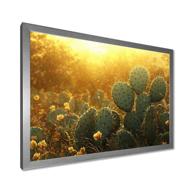Marisca cactus dans la lumière dorée I - art mural cactus, 16" H x 32" W, Cadre simple, Silver
