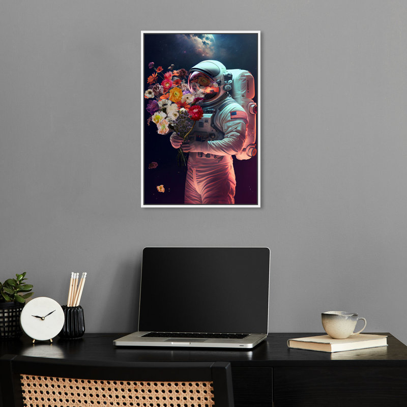 Art astronaute sur toile, art floral moderne par Notoriart, Cadre blanc, H 31 po x l 21 po