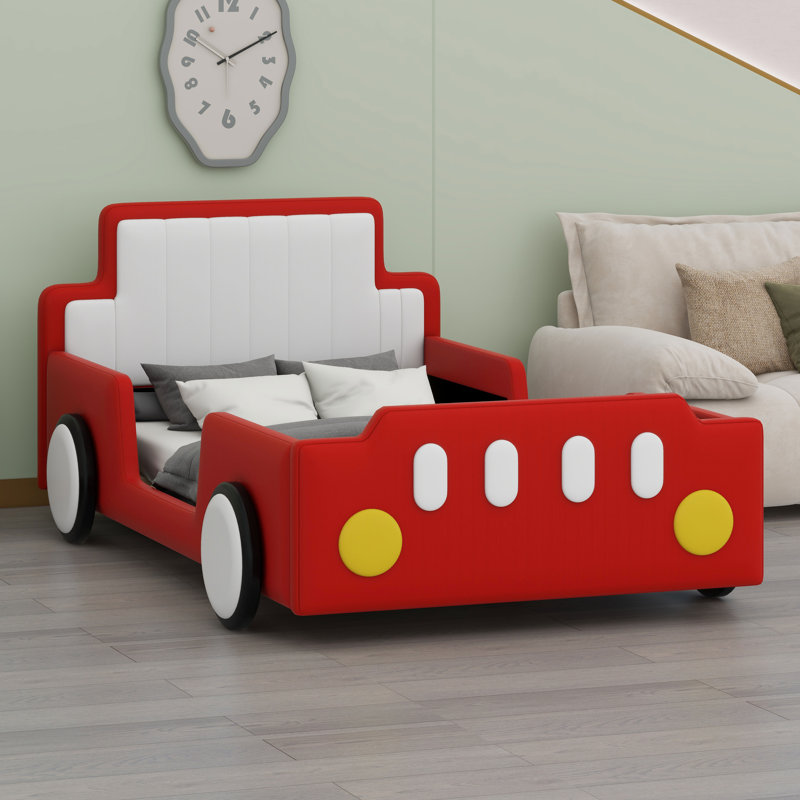 Lit plateforme de style voiture de course avec roues, Rouge