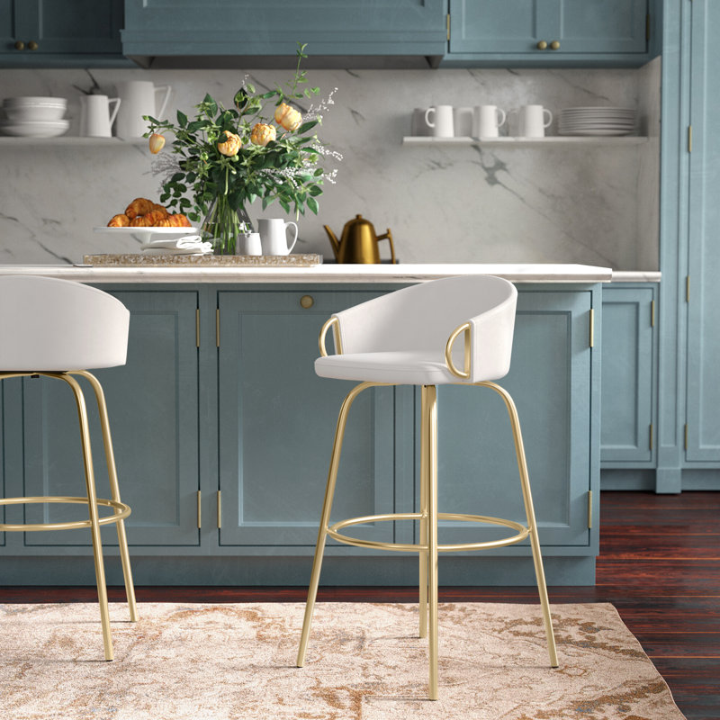 Josie Fixed-Height Bar & Counter Stools with Gold Metal Base & Round Footrest, Bar Stool (30” Seat Height)