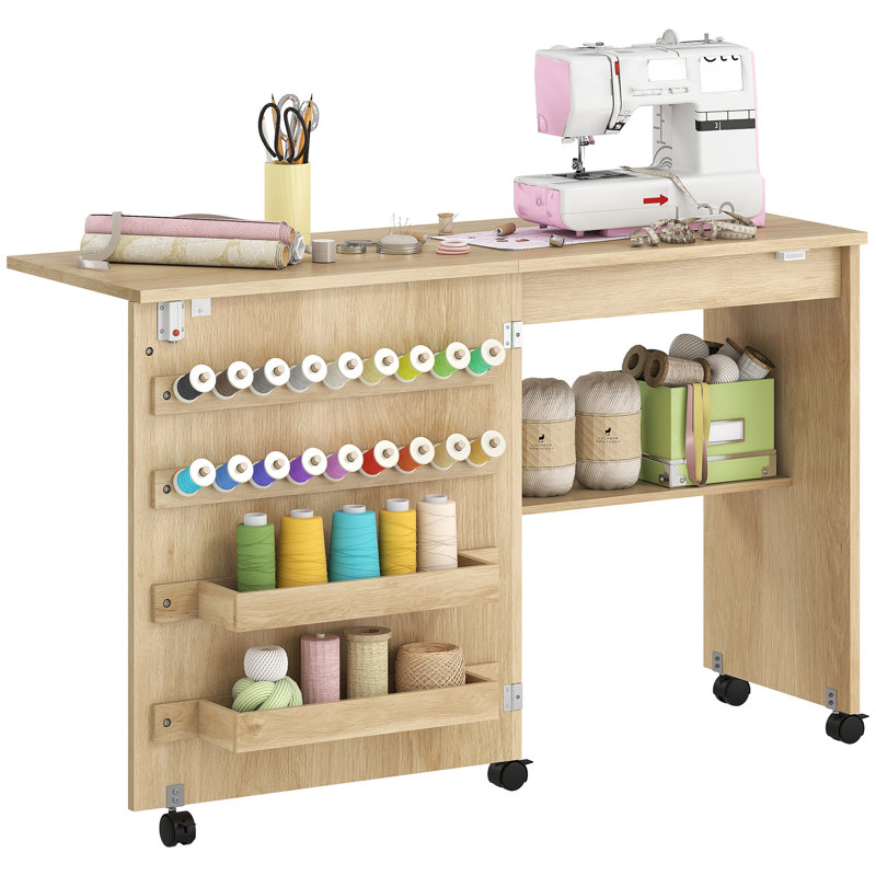Table de couture pliante, table de bricolage avec rangement, naturel, Bois naturel