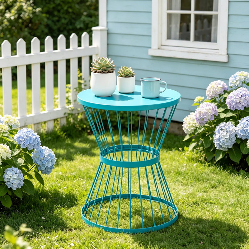 Table d'appoint de patio en acier bleu, table d'appoint ronde compacte, support polyvalent pour le jardin intérieur et extérieur près de la piscine