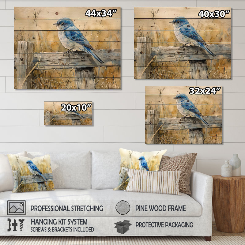 Bluebird On The Farm Fence II - Bird Wood Print - On Natural Pine Wood, 10" H x 20" W x 0.78" D