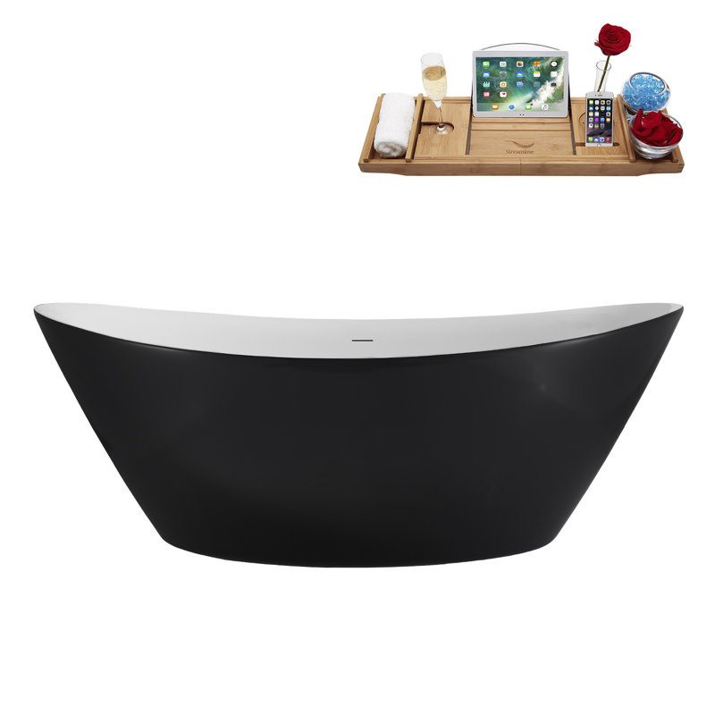 71" Streamline Soaking Freestanding Tub and Tray With Internal Drain, Brushed Brass