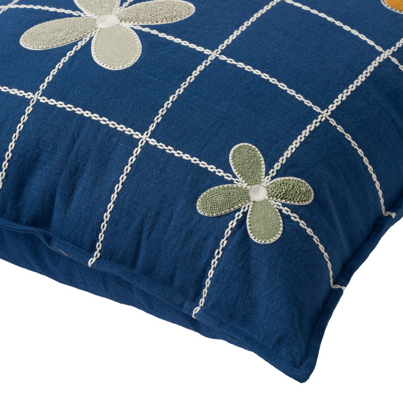 Grid & Flowers Pillow Cover 20x20 Inch, Navy;Green