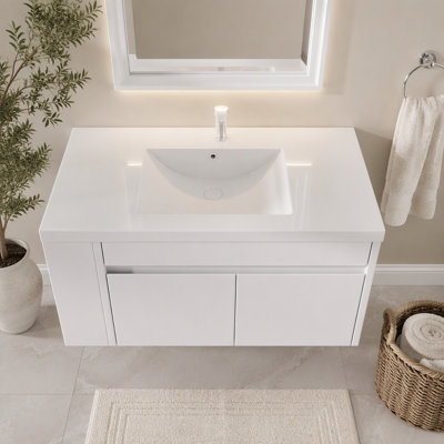 Meuble-lavabo flottant 36 po avec lavabo, armoire de contreplaqué murale, porte à fermeture en douceur, lavabo en céramique anti-débordement