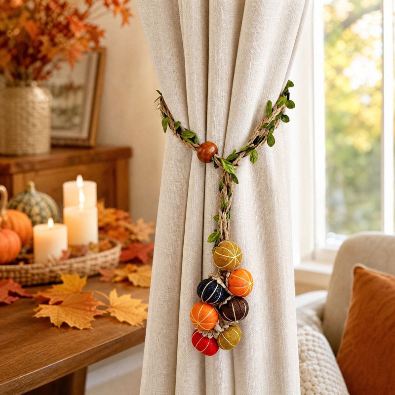 Les embrasses décoratives d'automne sont parfaites pour s'agencer à des voilages thématiques, des fronces et des attaches à rideaux.