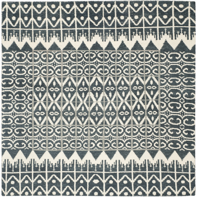 Alimatou Hand Knotted Wool/Cotton Geometric Rug in Charcoal, Square 7'