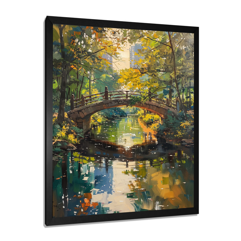 Décoration murale pont jaune jaune vert automne urbain, H 44 po x l 34 po x P 1,5 po, Toile encadrée noire simple
