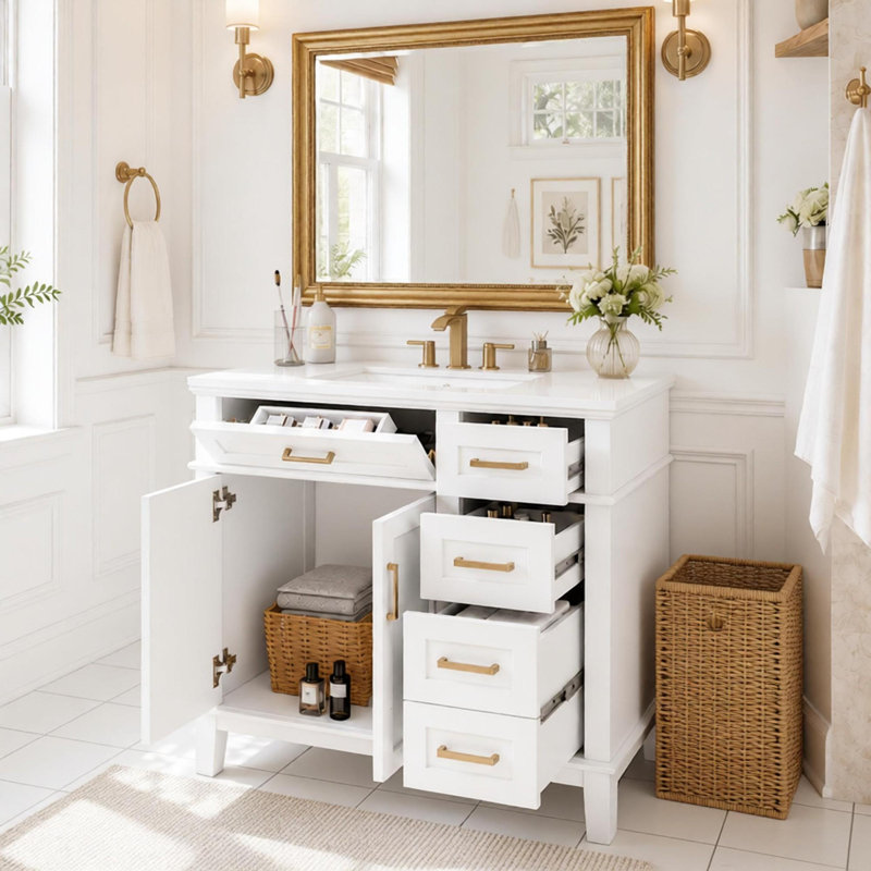 Meuble-lavabo moderne 36 po avec lavabo en céramique blanc, portes à fermeture douce, 4 tiroirs de rangement, conception élégante pour les petites salles de bain