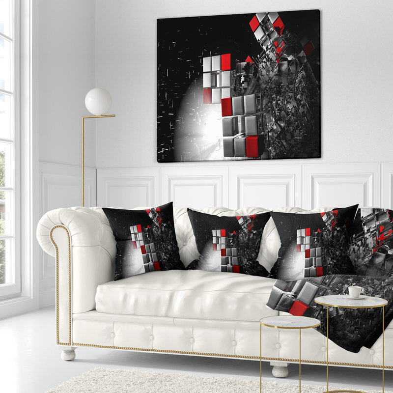 Fractal 3D Red White Cubes - coussin imprimé abstrait, 16 po x 1 po, Coussin décoratif