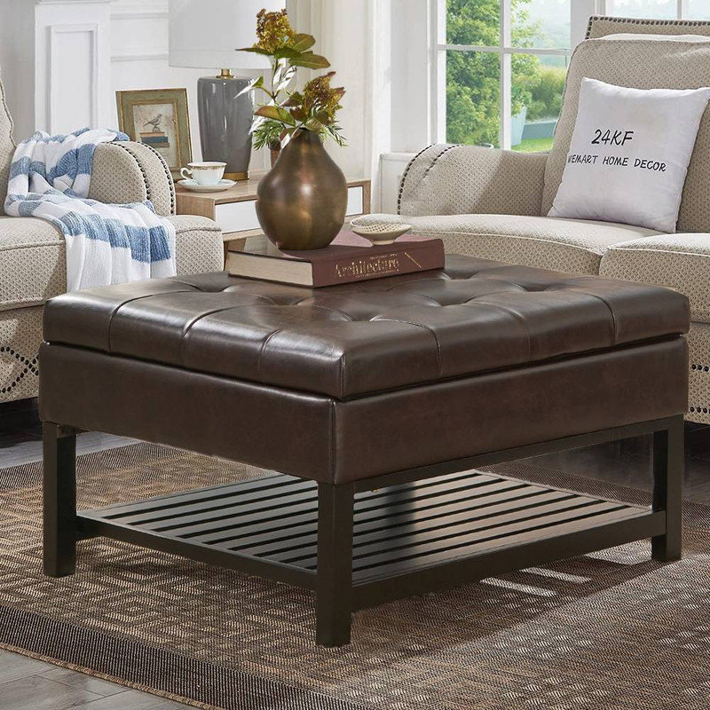 Square Storage Ottoman  Accent Table,PU Coffee Table with Bottom Rack