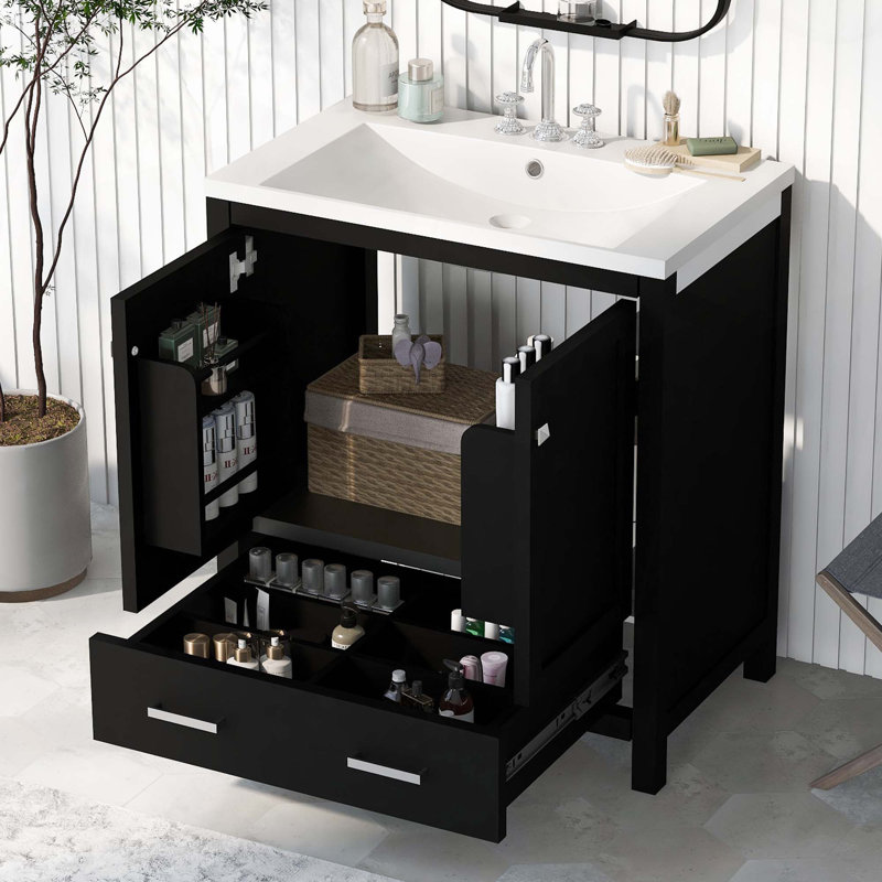 Meuble-lavabo de 30 po avec lavabo simple, meuble-lavabo encastré, armoire de rangement avec 2 portes et un tiroir, fermeture en douceur, rangement multifonctionnel, structure en bois massif