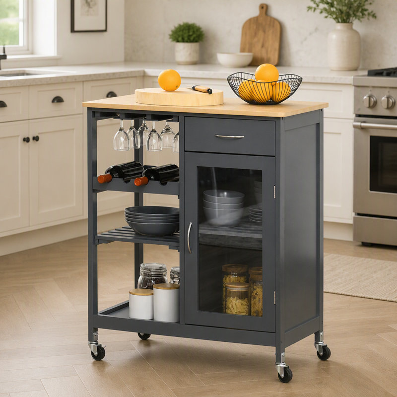 Rolling Kitchen Island with Storage, Wine Rack, Stemware Holder, Shelves, Drawer and Cabinet, Gray
