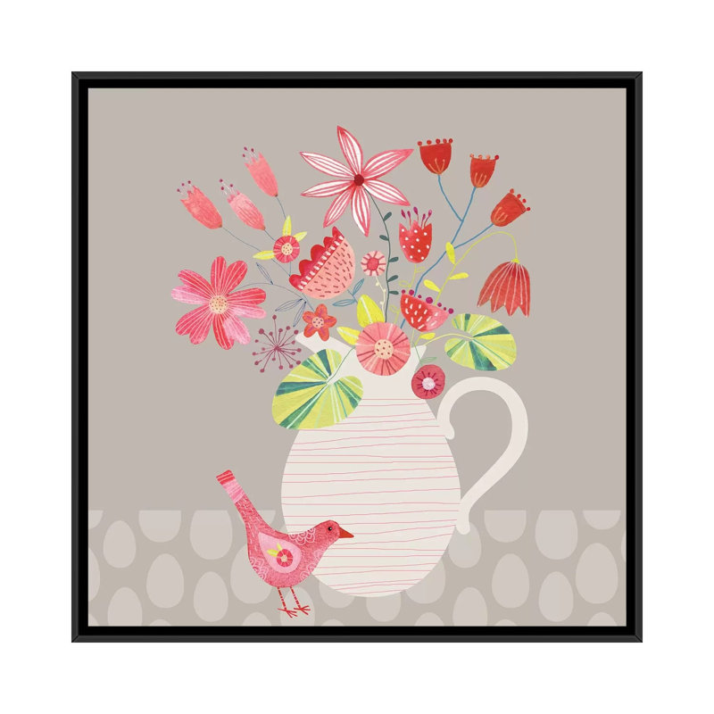Oiseau avec un pot de fleurs par Nic Squirrell - impression, H 26 po x l 26 po x P 1,5 po, Toile avec cadre noir