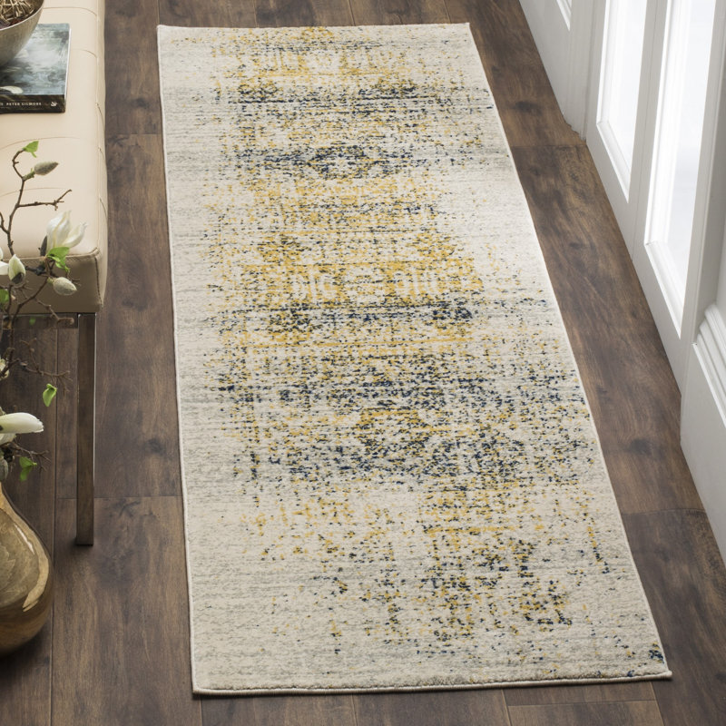 Tapis oriental ivoire / bleu Watsonville, Tapis de couloir 2 pi 2 po x 9 pi