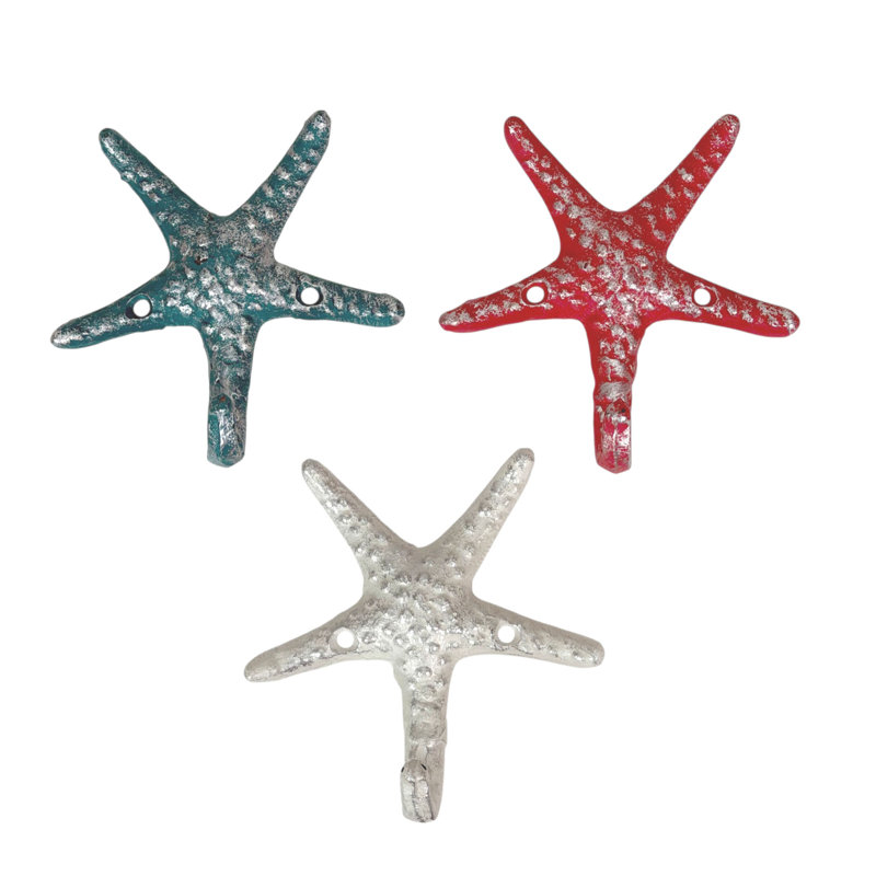 Coastal cast iron starfish wall hooks with blue and coral orange painted finish, set of 3 — 4.25 in. wide x 1.5 in. deep x 4.5 in. high