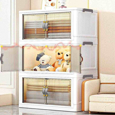 Joybos Bacs de rangement pliables à 3 niveaux en plastique avec portes avant, couvercle et roulettes, organisateur de rangement visible empilable pour placard, 29 po x 18,5 po x 10,5 po