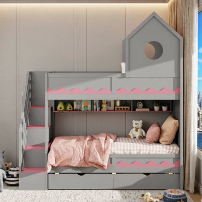 Magic Castle Twin Bunk Bed with Storage Stairs & LED Lights | Space-Saving Kids Cottage Design