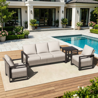Contemporary Outdoor Wicker Sofa Set, 5‑Piece Patio Furniture With Sturdy Metal Frame & Side Table