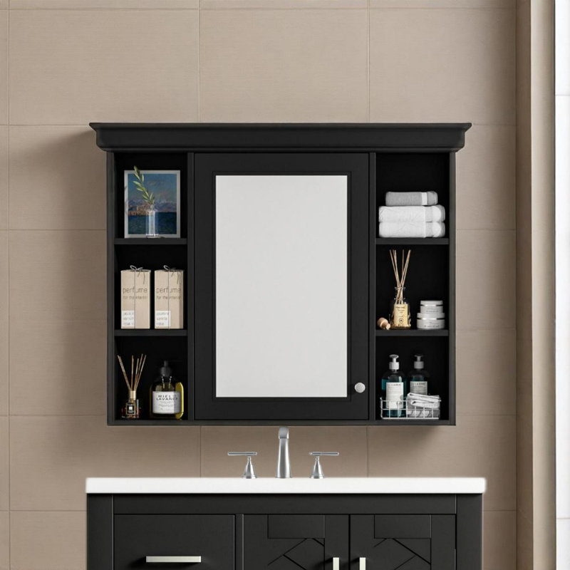 Armoire de rangement murale 35 po x 28 po avec porte miroir et armoire à pharmacie avec 6 tablettes ouvertes