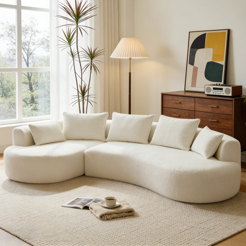 3-Seater Compression Sectional Sofa With L-Shaped Chaise And 5 Pillows, Upholstered Lambswool Fabric Cloud Sofa Couch For Living Room, Office, Tool-Free Assembly