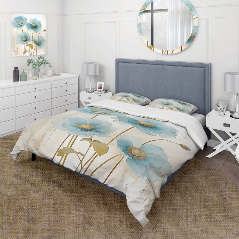 Ensemble de housse de couette bleu et gris Poppy Meadow - Poppies, Housse de couette pour très grand lit et 2 très 