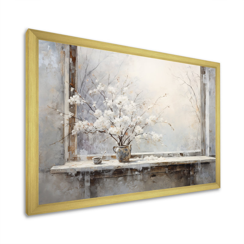 Neige près de l'hiver, vue de fenêtre 1 - Japon, art mural, Cadre doré à coins fermés, H 12 po x l 20 po x P 1 po