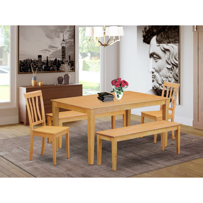 Ensemble de table de salle à manger 5 pièces pour 4 personnes comprenant une table de cuisine rectangulaire et 2 chaises avec 2 bancs, chêne