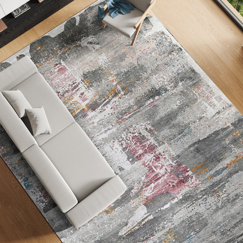 Hand Knotted Abstract Area Rug in Silver/Pink/Gold, Rectangle 9' x 12'