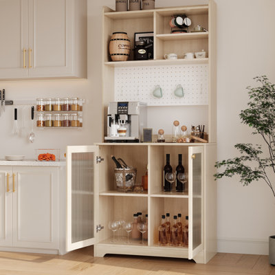 Armoire-penderie de 70,87 po de hauteur avec portes en verre, armoire de rangement de cuisine autoportante avec tablettes ouvertes et tablettes réglables, armoire-bar de style campagne moderne pour la salle à manger, le salon