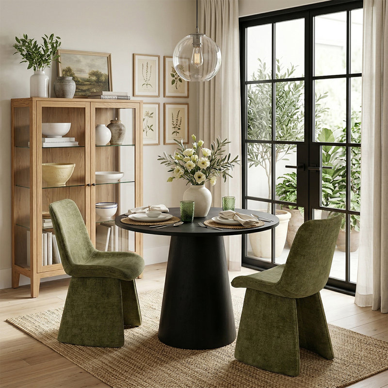 35" Round Pedestal Dining Table Set With 2 Upholstered Dining Chairs, Green