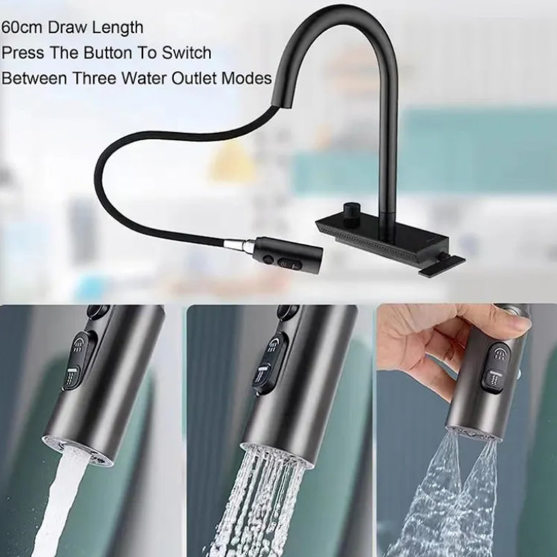 Robinet de cuisine noir à double cascade et douchette extractible avec affichage à DEL