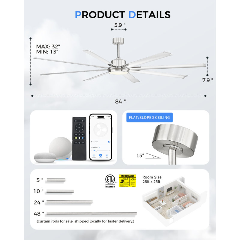 Ventilateur de plafond industriel de 72 po avec lumière, avec 8 pales en métal en aluminium, compatible avec Alexa