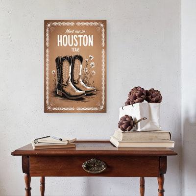 Houston Texas Cowboy Boots Rustic Vintage Daisy City Flower Wall Art Print 1 Piece Wrapped Canvas Wall Art