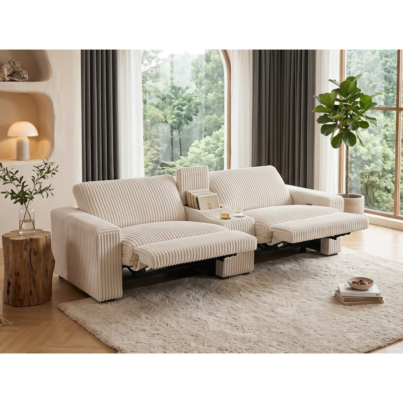 Annistyn 100'' Corduroy Power Reclining Loveseat Sofa, Alabaster White Corduroy