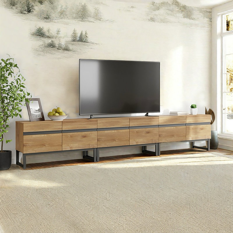 Milibor TV Stand with Cabinets, Natural Oak, 19.9”H x 15.6”L x 106.3”W