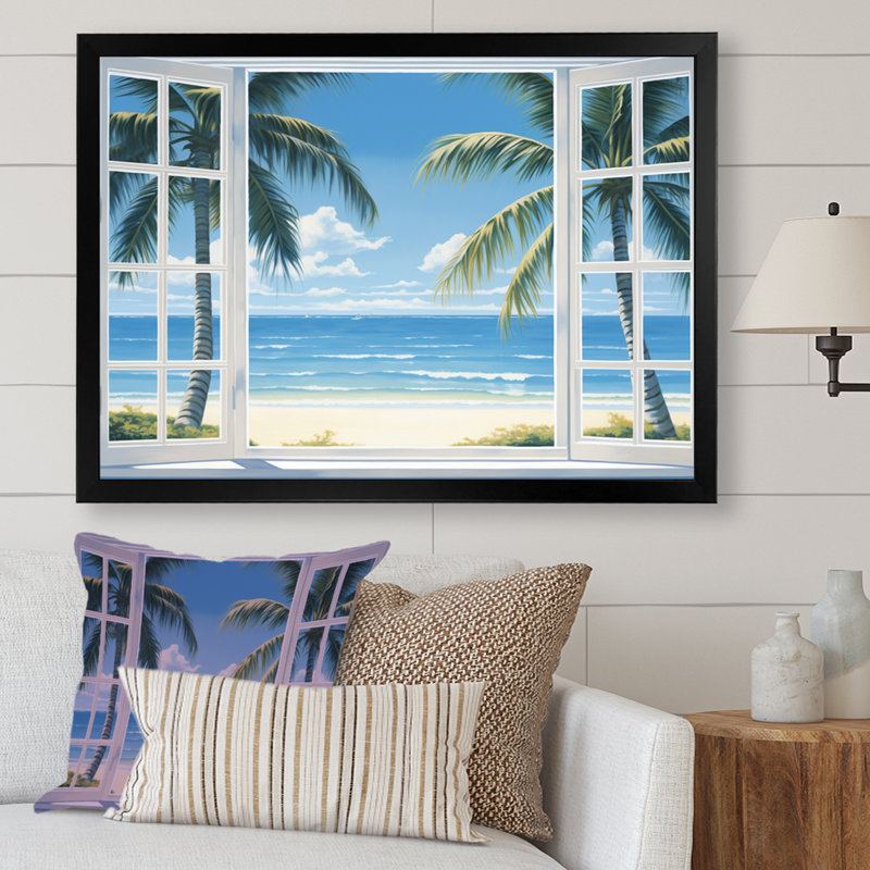 Vue sur l'océan par une fenêtre blanche ouverte I - art sur toile côtier, H 24 po x l 32 po x P 1 po, Cadre photo noir simple