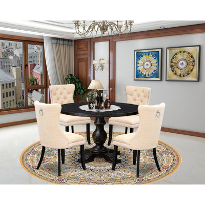 L'ensemble de table de salle à manger 5 pièces contient une table en bois et 4 chaises de cuisine en tissu de polyester beige clair avec dossier capitonné - Noir sablé