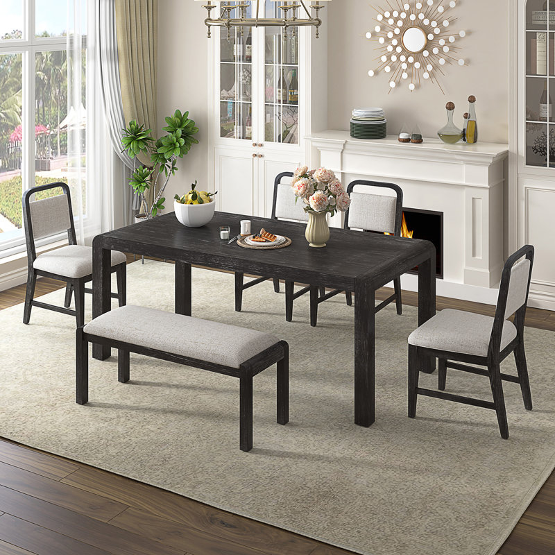 Ensemble de table de salle à manger extensible avec 4 chaises rembourrées et 1 banc, motif brossé rustique pour des sièges polyvalents