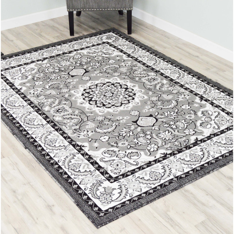 Tapis gris tissé à la machine Rheba, Rectangle 8 pi x 10 pi 5 po