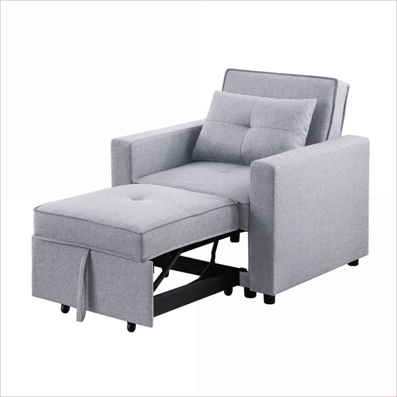 Linen Upholstered Convertible Sleeper Accent Arm Chair, 33 Inch Wide Soft Gray With Side Pockets, Soft Gray