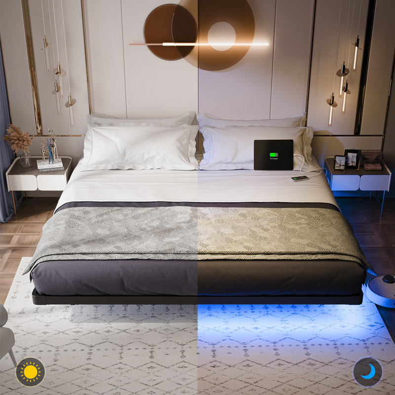 Kathrene Floating Bed Frame with LED Lights and Charging Station, King