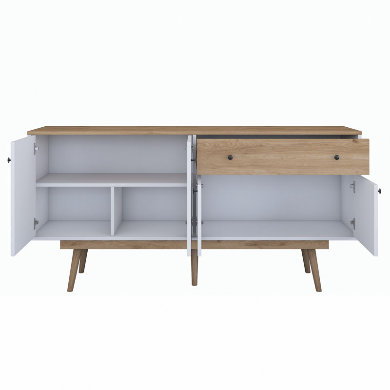 Console moderne avec plusieurs tablettes, noyer et blanc, 70,9 po x 34,5 po x 17,7 po | 100% aggloméré mélaminé de qualité E1 | Fixation murale pour un rangement supplémentaire | Design scandinave, élégant et fonctionnel