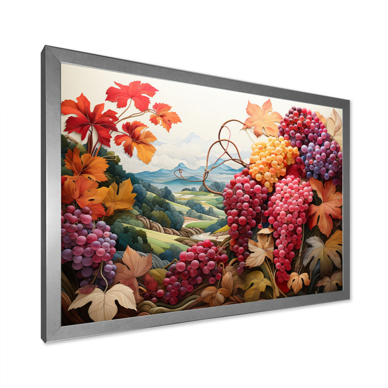 «Atworth Pink Coral Grapes Vineyard Pointillism», reproduction, H 30 po x l 40 po x P 1,5 po, Cadre simple argenté