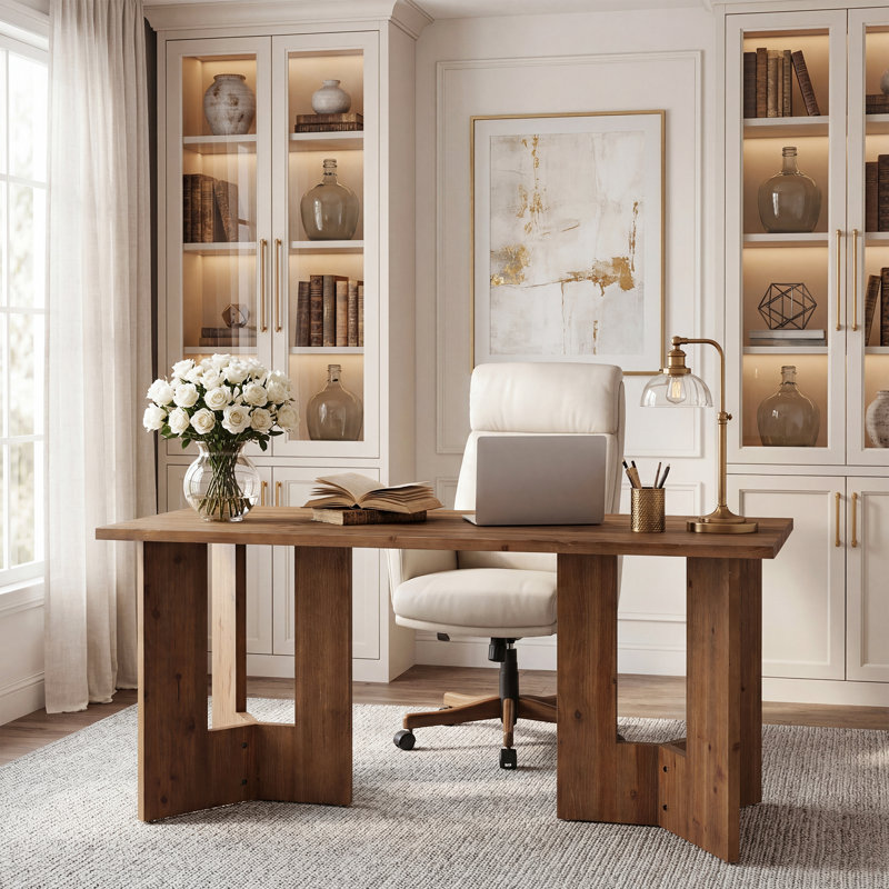 63-Inch Solid Wood  Executive Office Desk, Modern Rectangle Office Computer Desk with Double Pedestal, Large Study Table Conference Table for Office