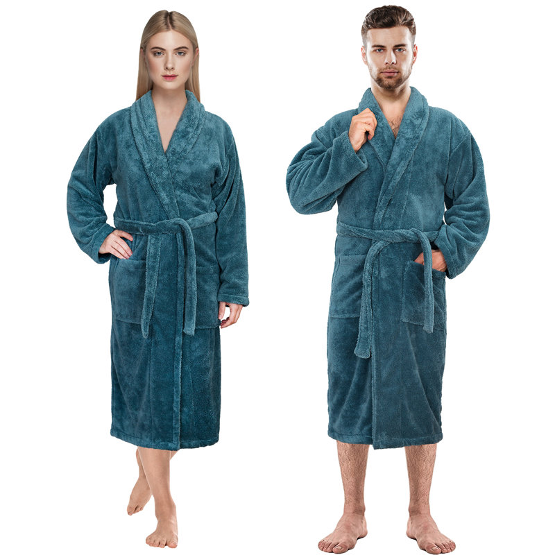 Navy Blue L/XL Fleece Bathrobe with Shawl Collar