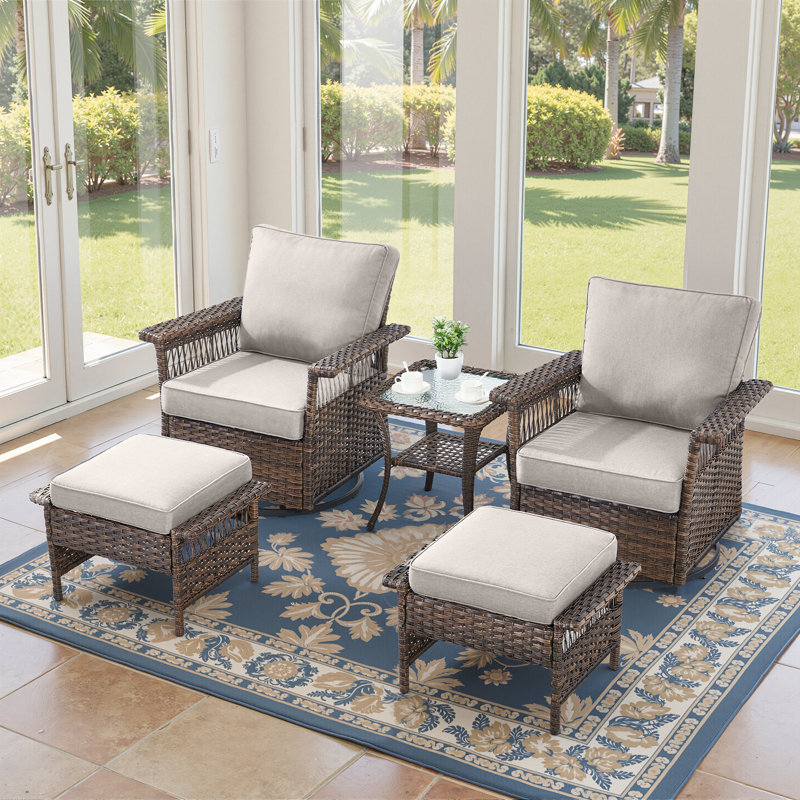 Anferney 5 Piece Outdoor Wicker Swivel Chairs Set With Side Table And Ottoman, Beige, Brun