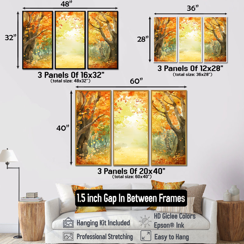 «Autumn Golden Glade Forest», ensemble d'art mural paysage d'automne, H 40 po x l 60 po, Reproduction avec cadre flottant